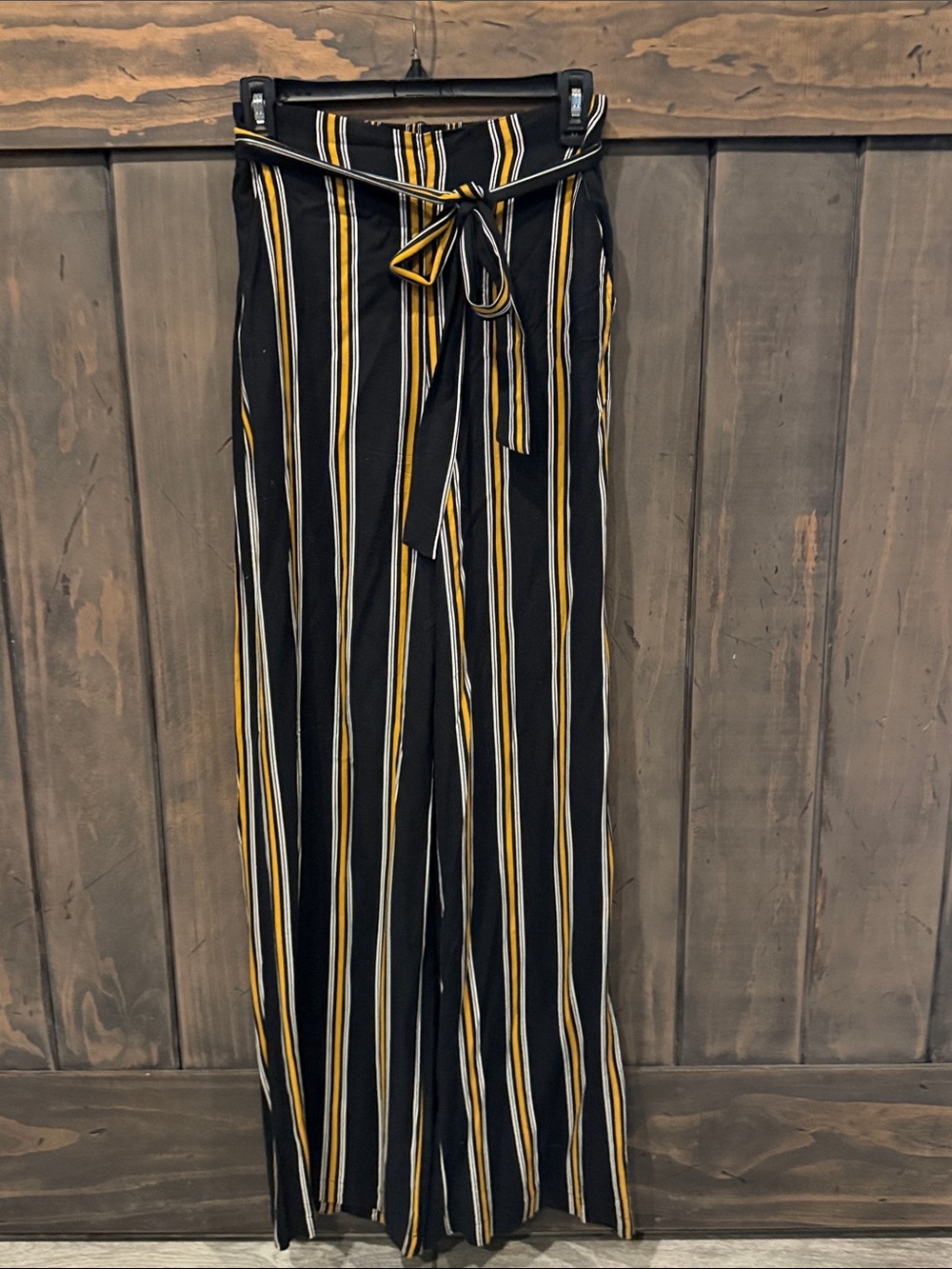 Forever 21 Black Wide-Leg Striped Pants with Tie Belt
